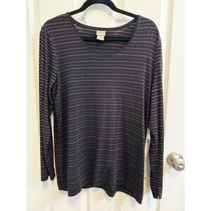 Chicos 2 Black Pink Purple Metallic Stripe Knit Top Long Sleeve Preowned Stained
